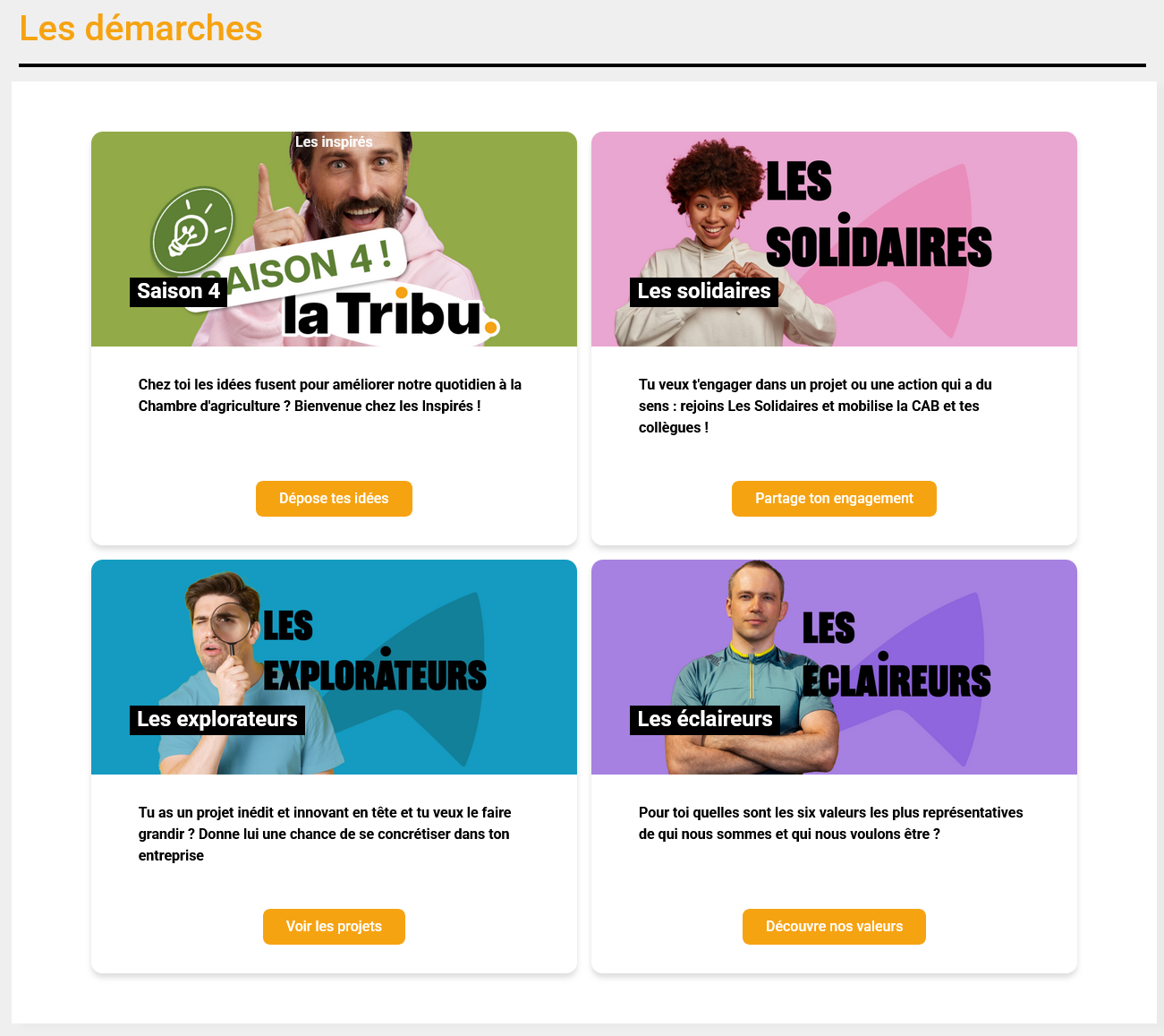 Page d'accueil de la plateforme de La Tribu avec les vignettes des 4 dispositifs participatifs