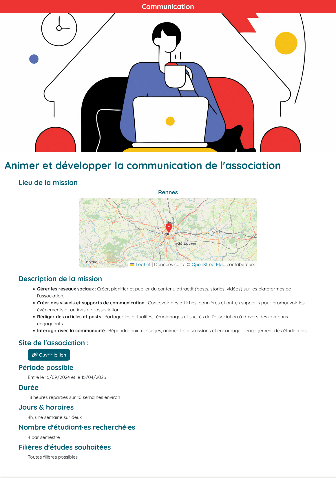 Capture d'écran d'une mission de bénévolat avec un visuel, une carte, et le détail de la mission proposée