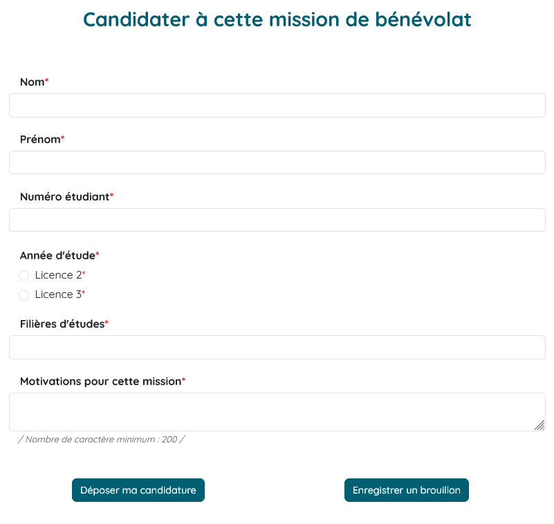 Capture d'écran d'un formulaire de candidature à une mission de bénévolat, avec tous les champs à compléter (nom, prénom, motivations...)