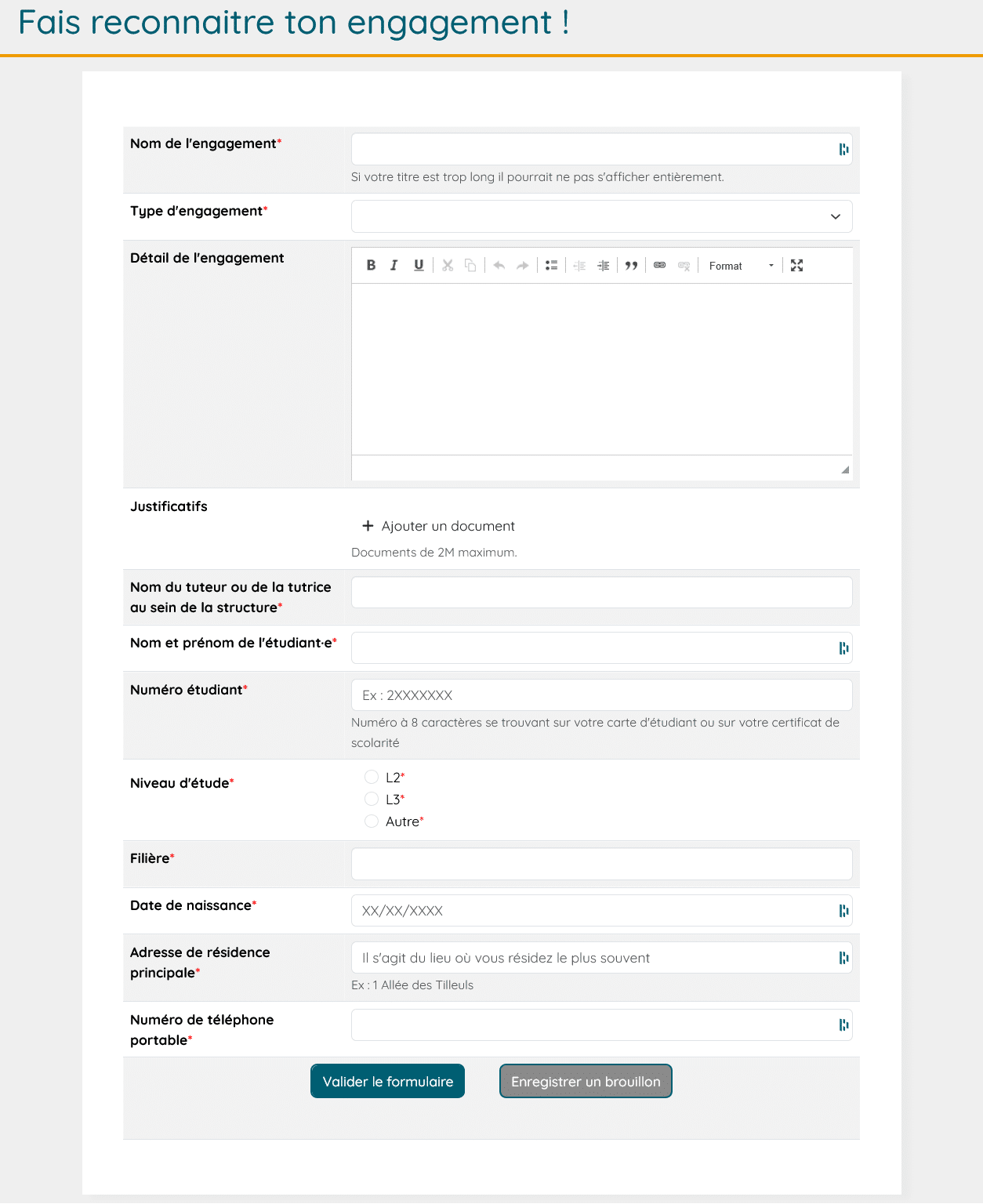 Capture d'écran d'une formulaire de reconnaissance d'engagement, avec tous les champs à compléter (type d'engagement, détail de l'engagement, coordonnées du tuteur...)