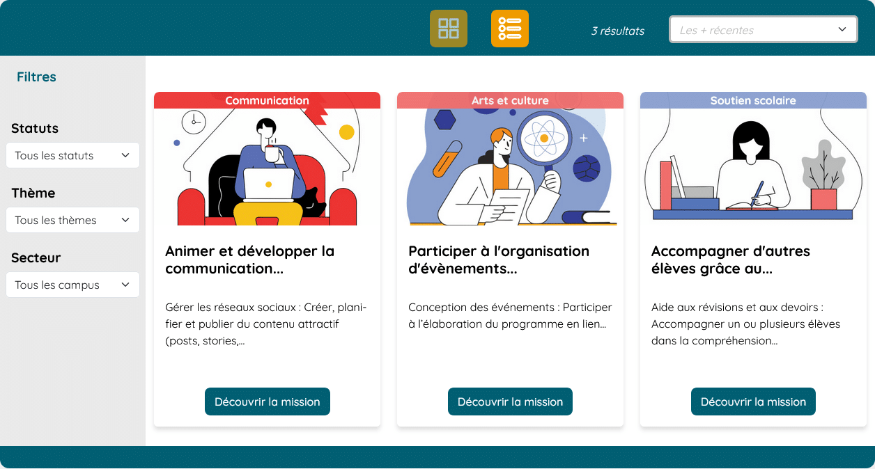 Capture d'écran d'un catalogue de missions de bénévolat avec 3 vignettes et des filtres de recherche