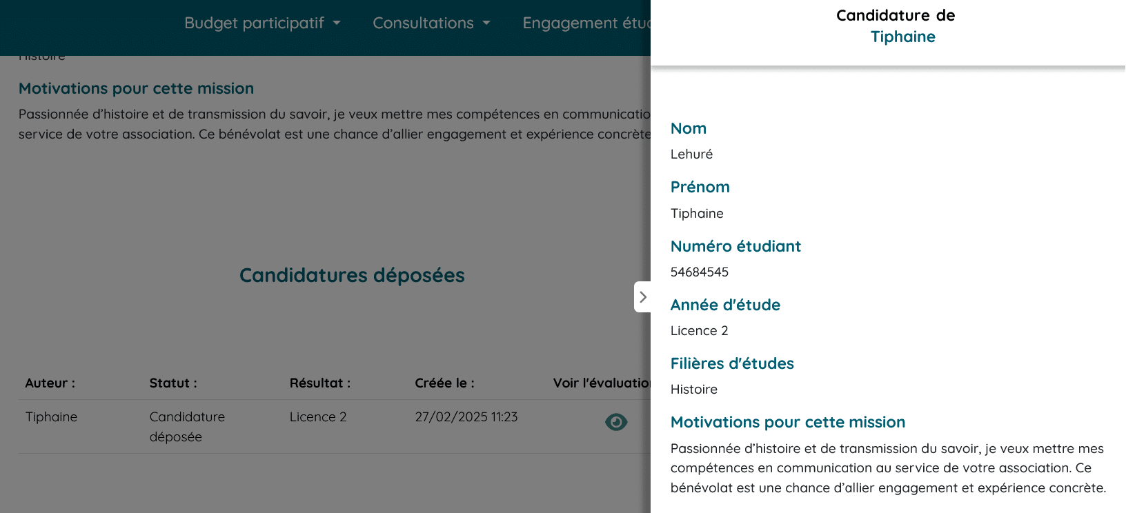 Capture d'écran d'une canddidature déposée, affichée sur la page de la mission concernée